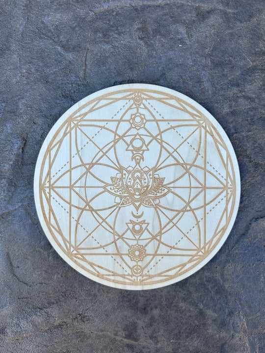 Lotus Chakra Engraved Wood Crystal Grid