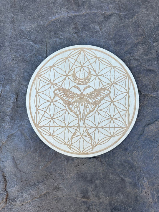 Luna Moth Engraved Wood Crystal Grid