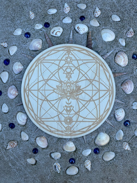 Lotus Chakra Engraved Wood Crystal Grid