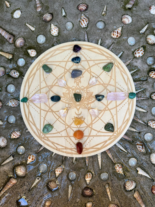 Lotus Chakra Engraved Wood Crystal Grid