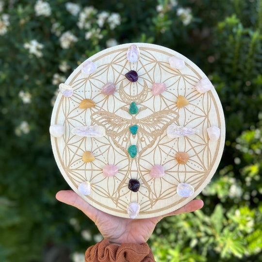 Luna Moth Engraved Wood Crystal Grid