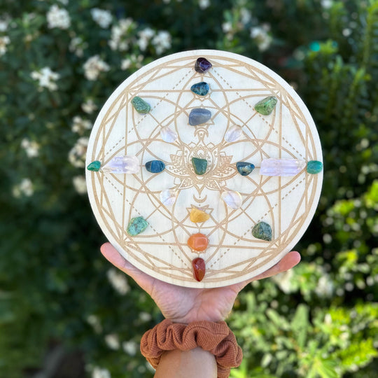 Lotus Chakra Engraved Wood Crystal Grid