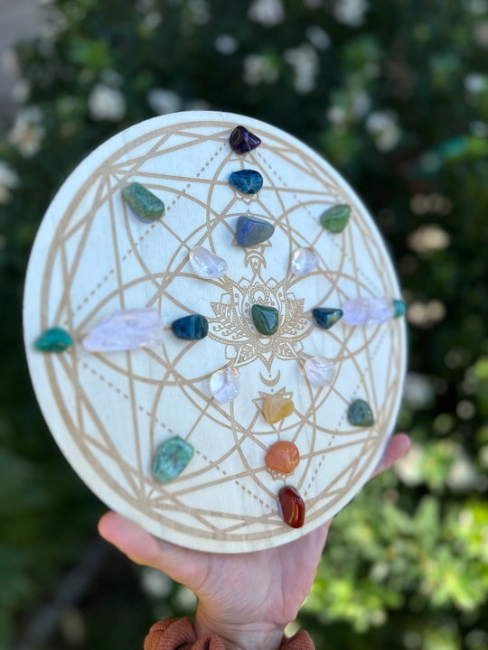 Lotus Chakra Engraved Wood Crystal Grid