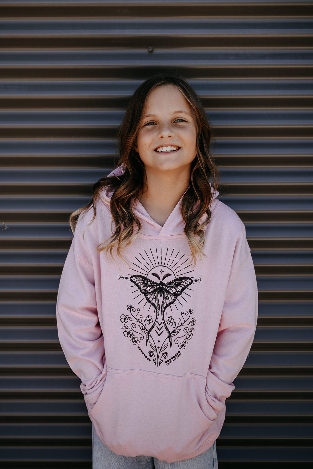 Luna Folk Art Kids/Youth Hoodie in Pink