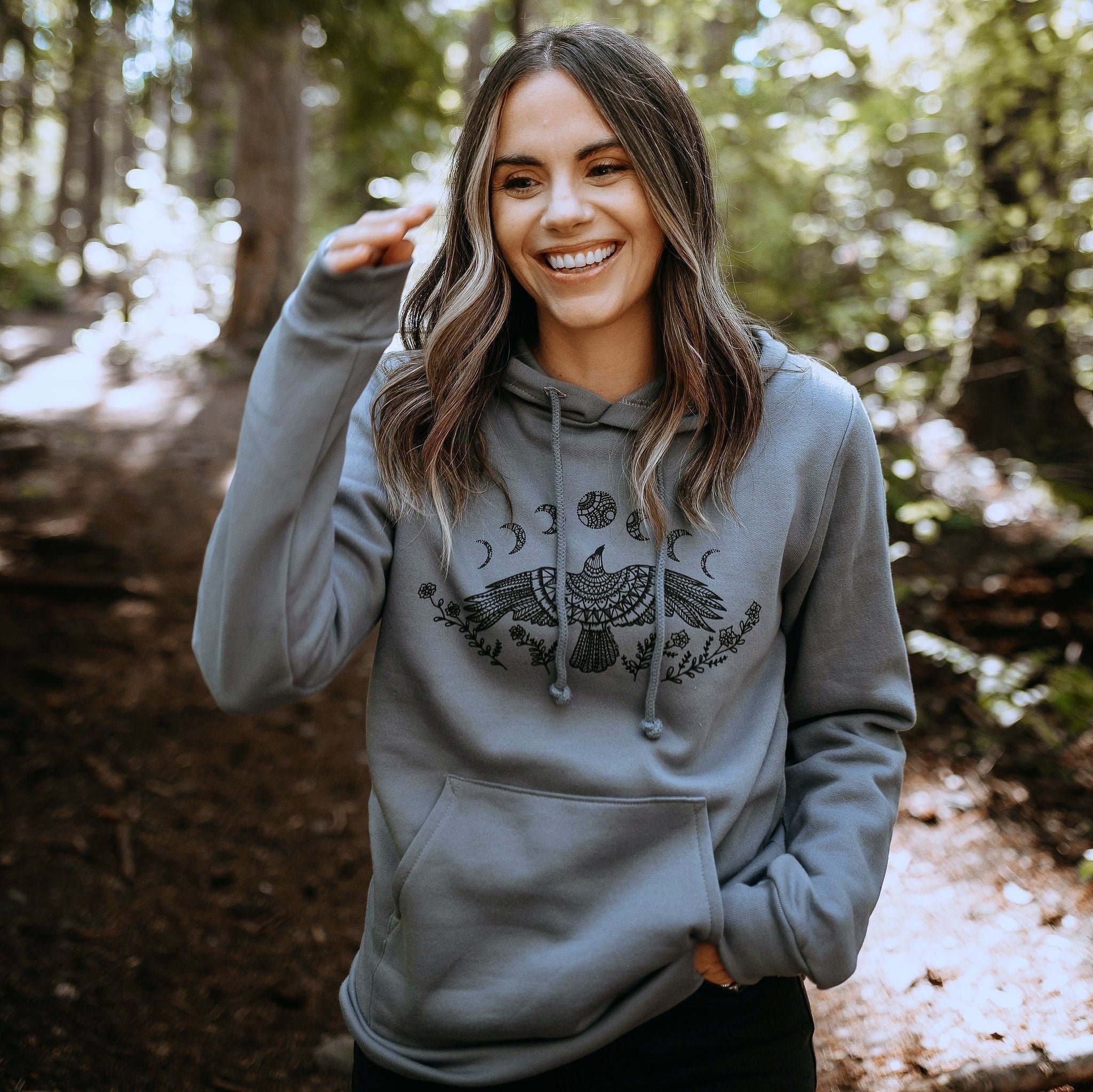 Raven Moon Phase Hoodie In Slate Blue Made in Canada West Coast Karma