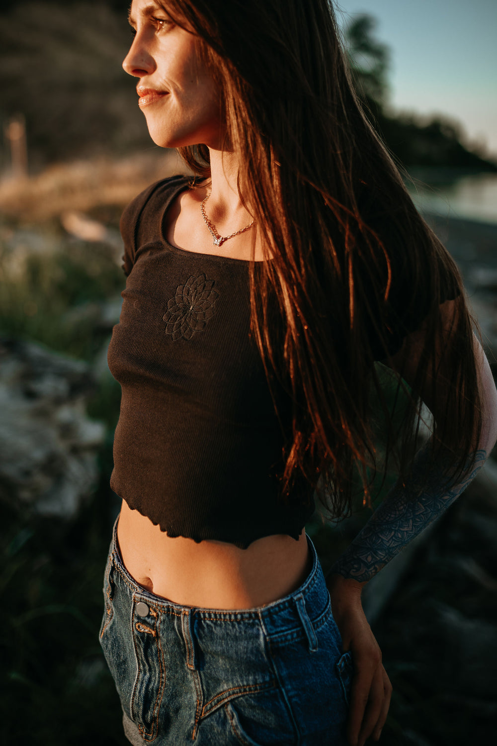 Mandala Ribbed Crop Tee -Black