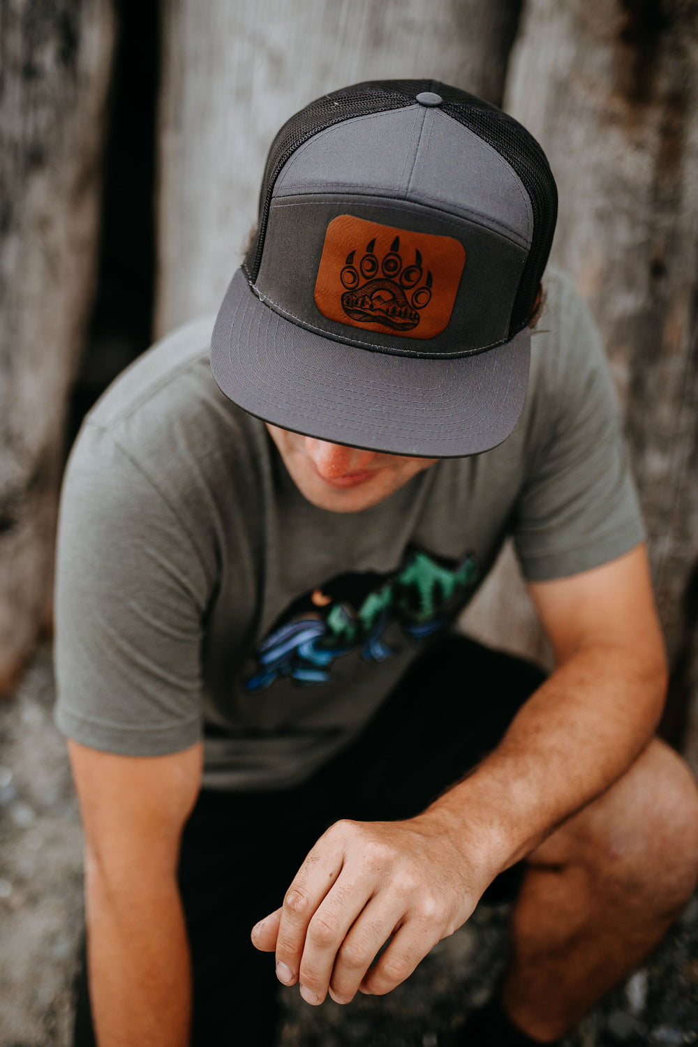 Bear Paw Flat Brim 7 Panel Trucker Hat - Charcoal/Black