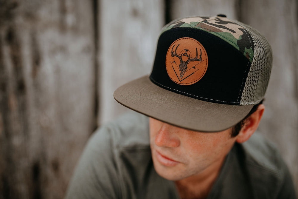 Deer Skull Flat Brim 7 Panel Trucker Hat - Camo/Black