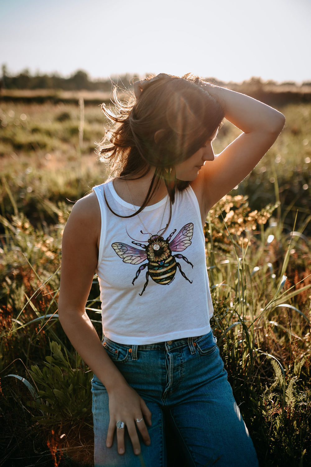 Sunflower Bee Crop Tank in White