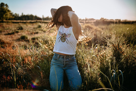 Sunflower Bee Crop Tank in White