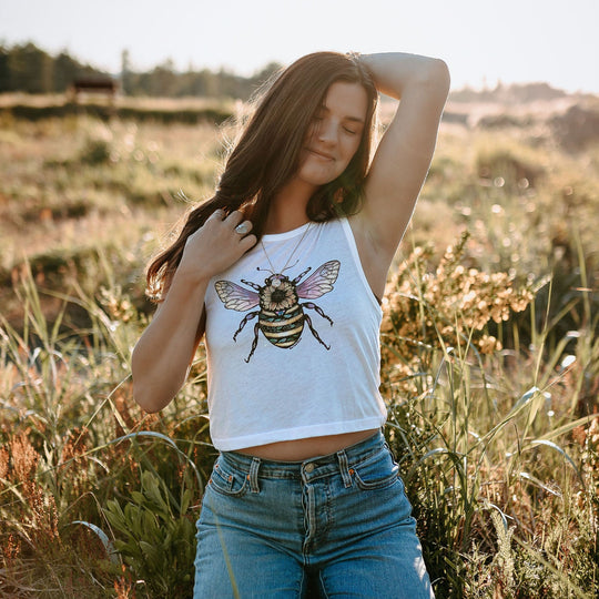 Sunflower Bee Crop Tank in White