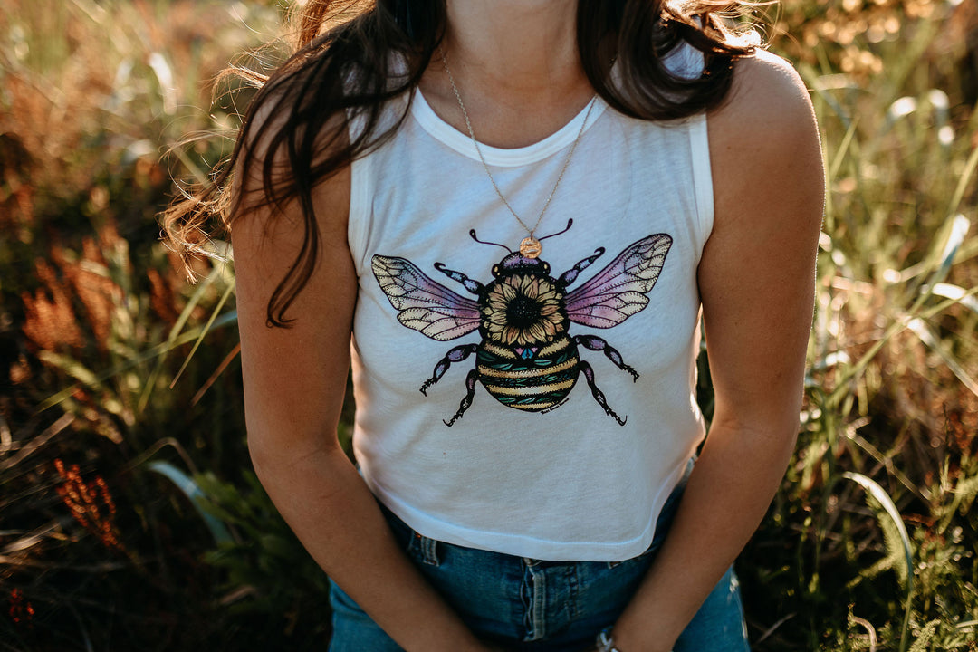 Sunflower Bee Crop Tank in White