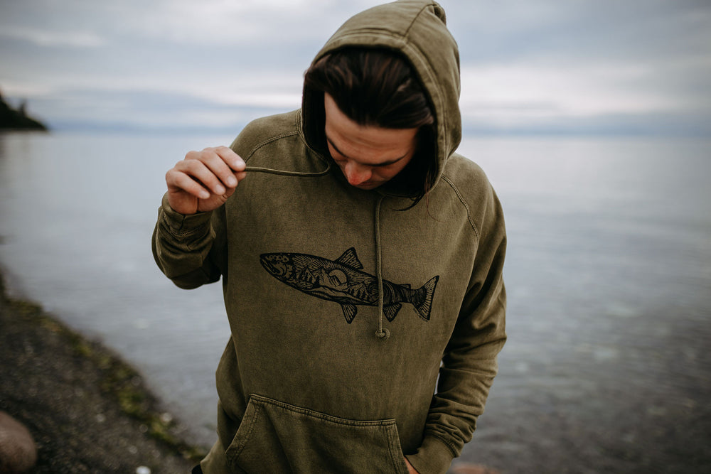 Atlantic Salmon Vintage Raglan Hoodie in Olive