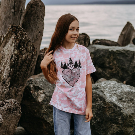 Heart Tree Ring Youth Tee in Rose Tie Dye