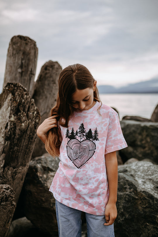 Heart Tree Ring Youth Tee in Rose Tie Dye