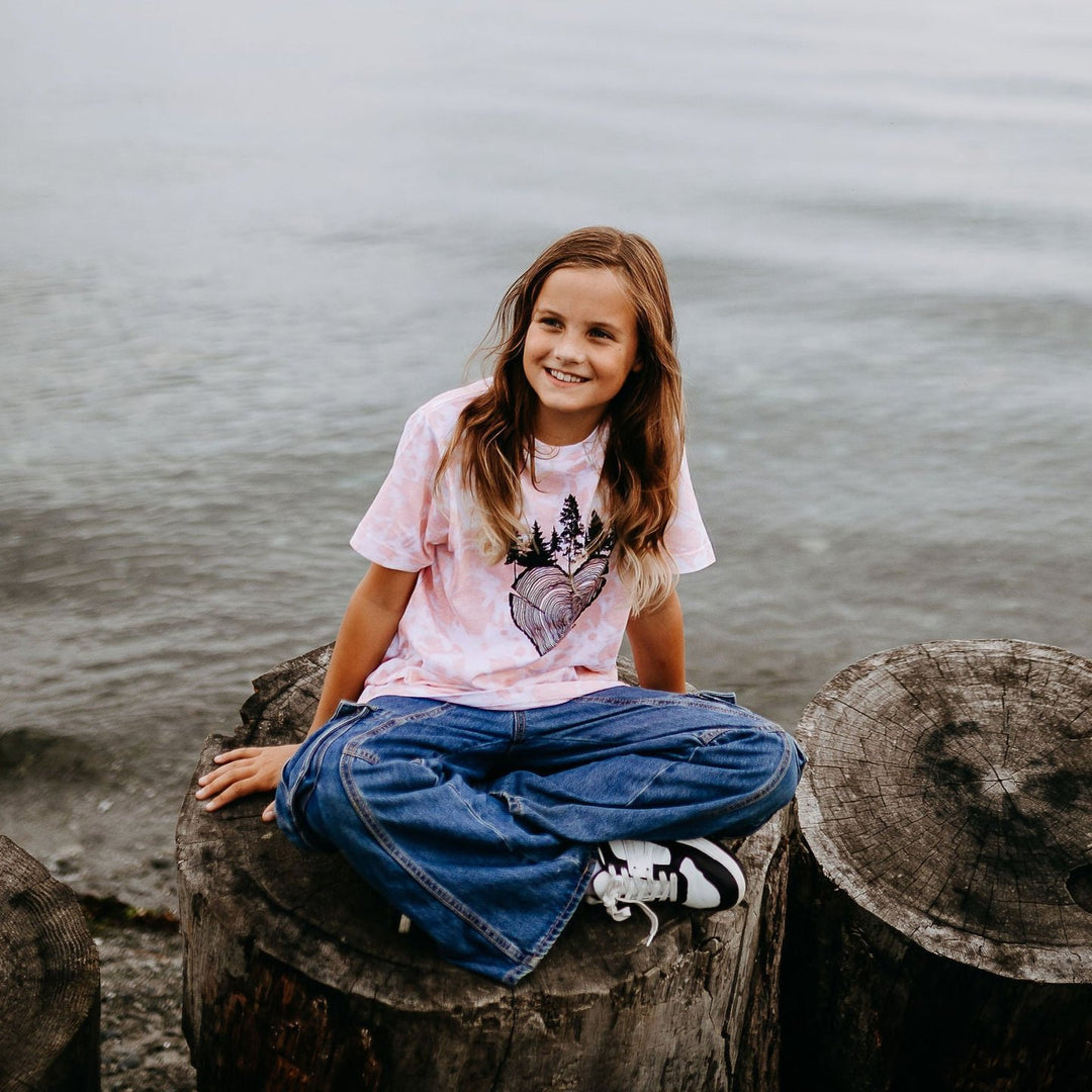 Heart Tree Ring Youth Tee in Rose Tie Dye