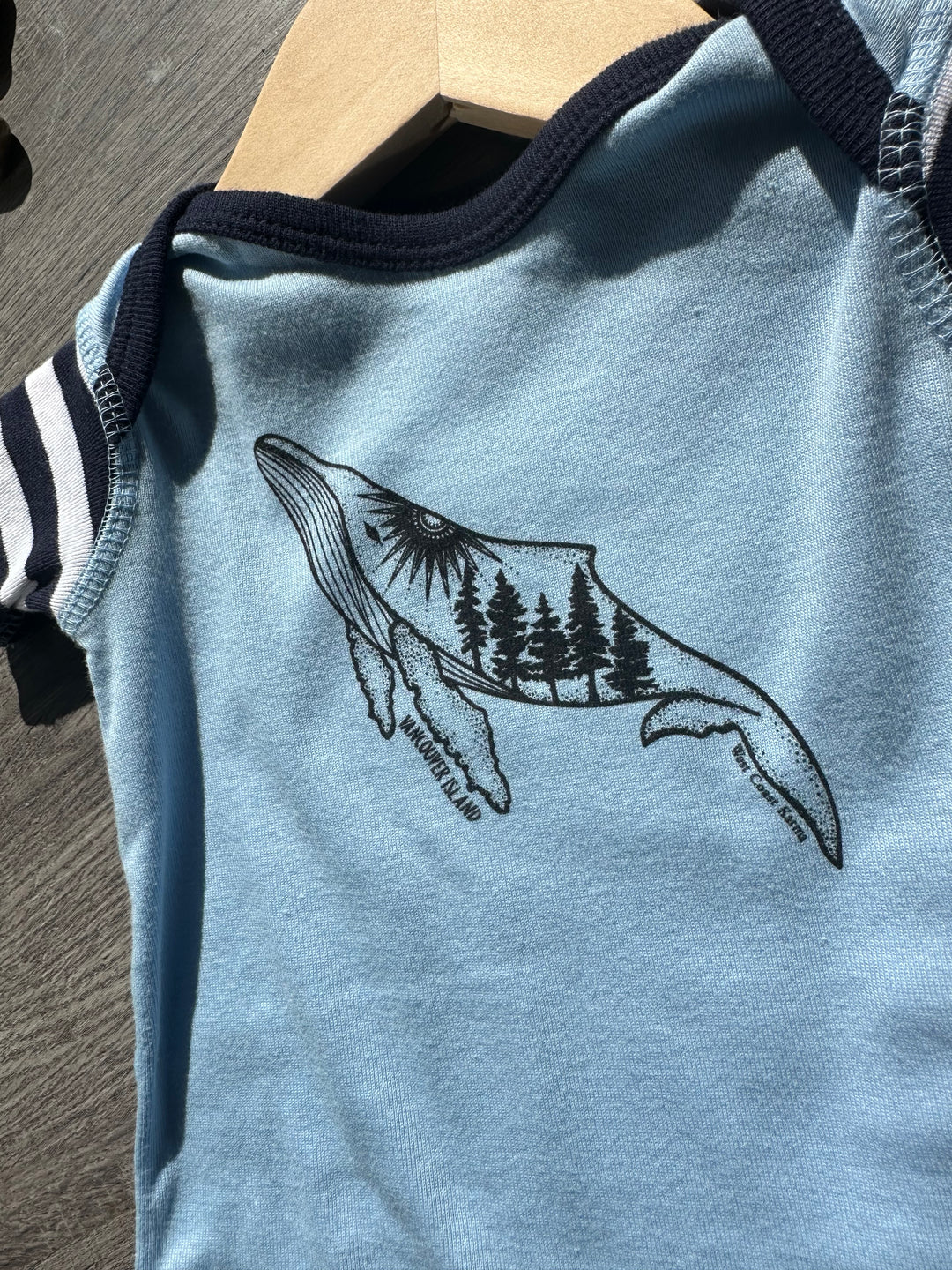 Vancouver Island Humpback Baby Onesie in Blue Stripe